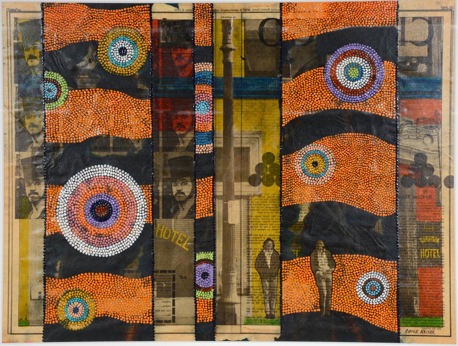 Chuck Kaiser. Aboriginal Influenced Art Over Newspaper.: Chuck Kaiser. Aboriginal Influenced Art Over Newspaper. c. 1970's. Signed. Paint over newsprint. Excellent condition. 29" w x 24" h with frame. Est. $300-500. Ship: $65