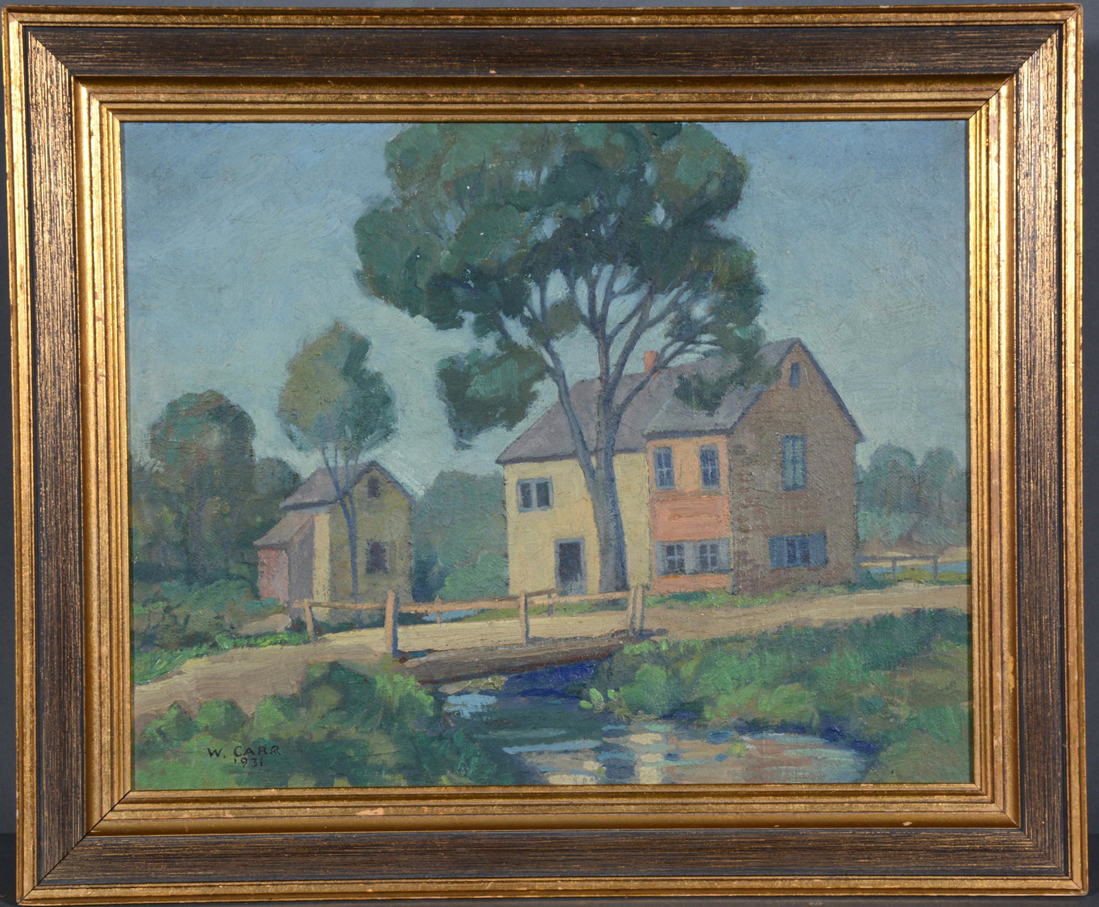 W. Carr. Homestead In Summer.: W. Carr. Homestead In Summer. 1931. Signed and dated. Oil on canvas panel. Excellent condition. 18" w x 15" h. Est. $300-500. Ship: $45