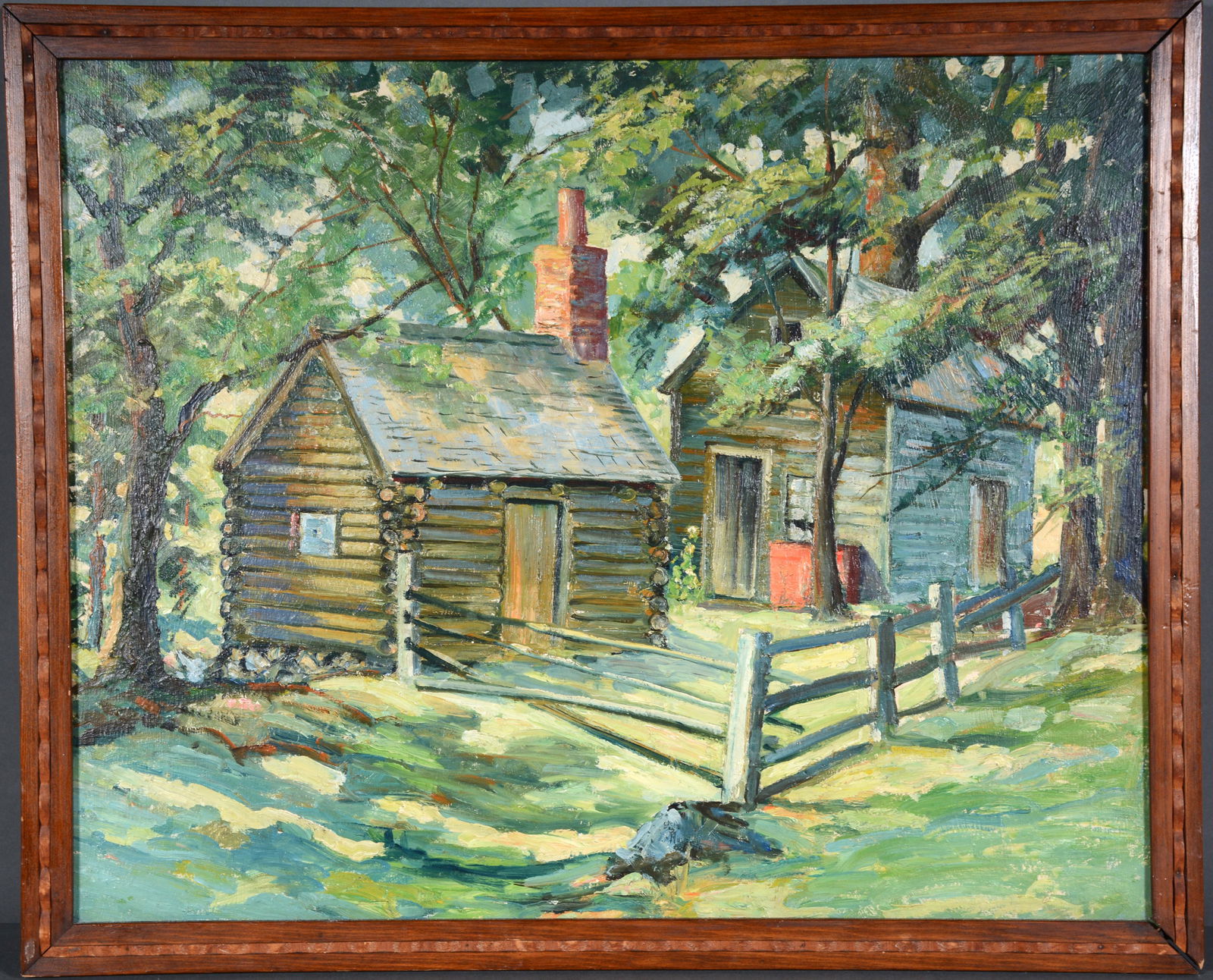 S.E. Armour. Log Cabin In Poland.: S.E. Armour. Log Cabin In Poland. 1938. W.P.A. Era Art. Oil on Masonite. Excellent condition. 28" w x 23" h with frame. Est. $300-500. Ship: $55