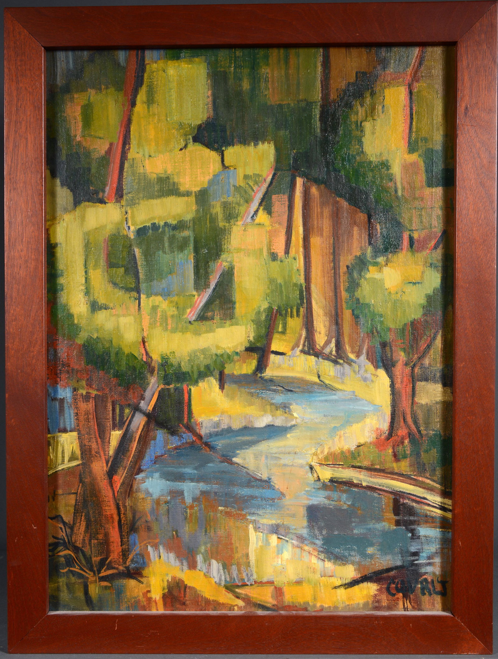 Covalt. Impressionist Stream Through Forest.: Covalt. Impressionist Stream Through Forest. Signed. Not dated. Oil on canvas. Excellent condition. 25" w x 33" h with frame. Est. $300-500. Ship: $75