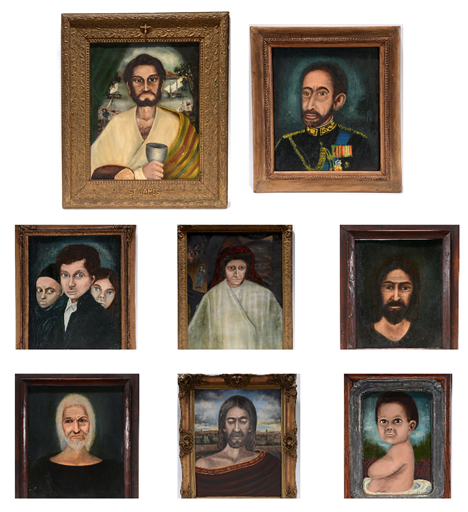 Rev. Joel D. Hewlett. 8 Portraits.: Rev. Joel D. Hewlett. 8 Portraits. Some are signed, dated and titled. Paint on Masonite, board and canvas panels. Paintings include artist-made and decorated frames. Minor stray marks, paint rubs, scr
