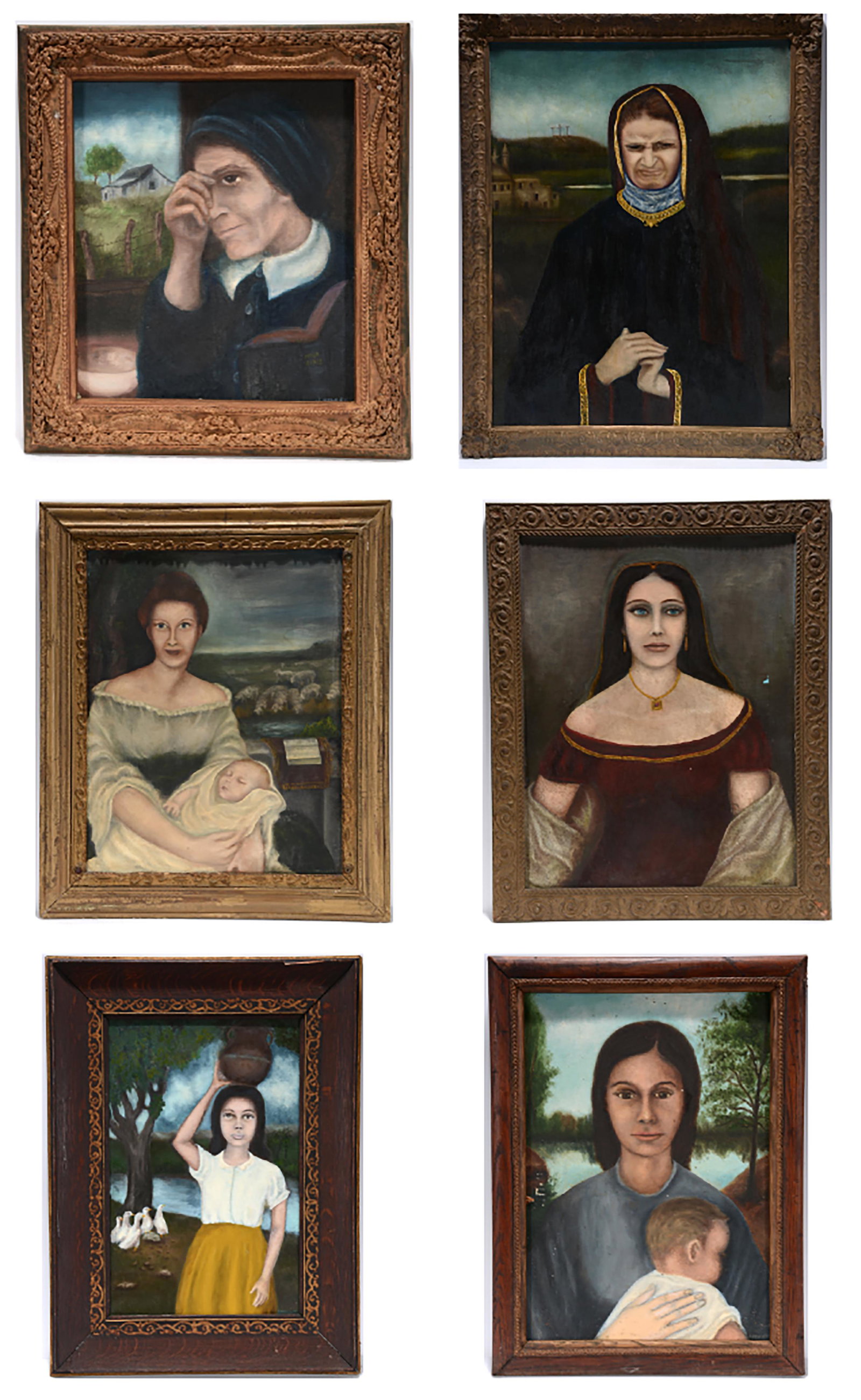 Rev. Joel D. Hewlett. Six Female Portraits.: Rev. Joel D. Hewlett. Six Female Portraits. Some are signed, dated and titled. Paint on canvas panel, Masonite and board. Paintings range in size from 18" x 19" to 26" x 32" and include artist-made an