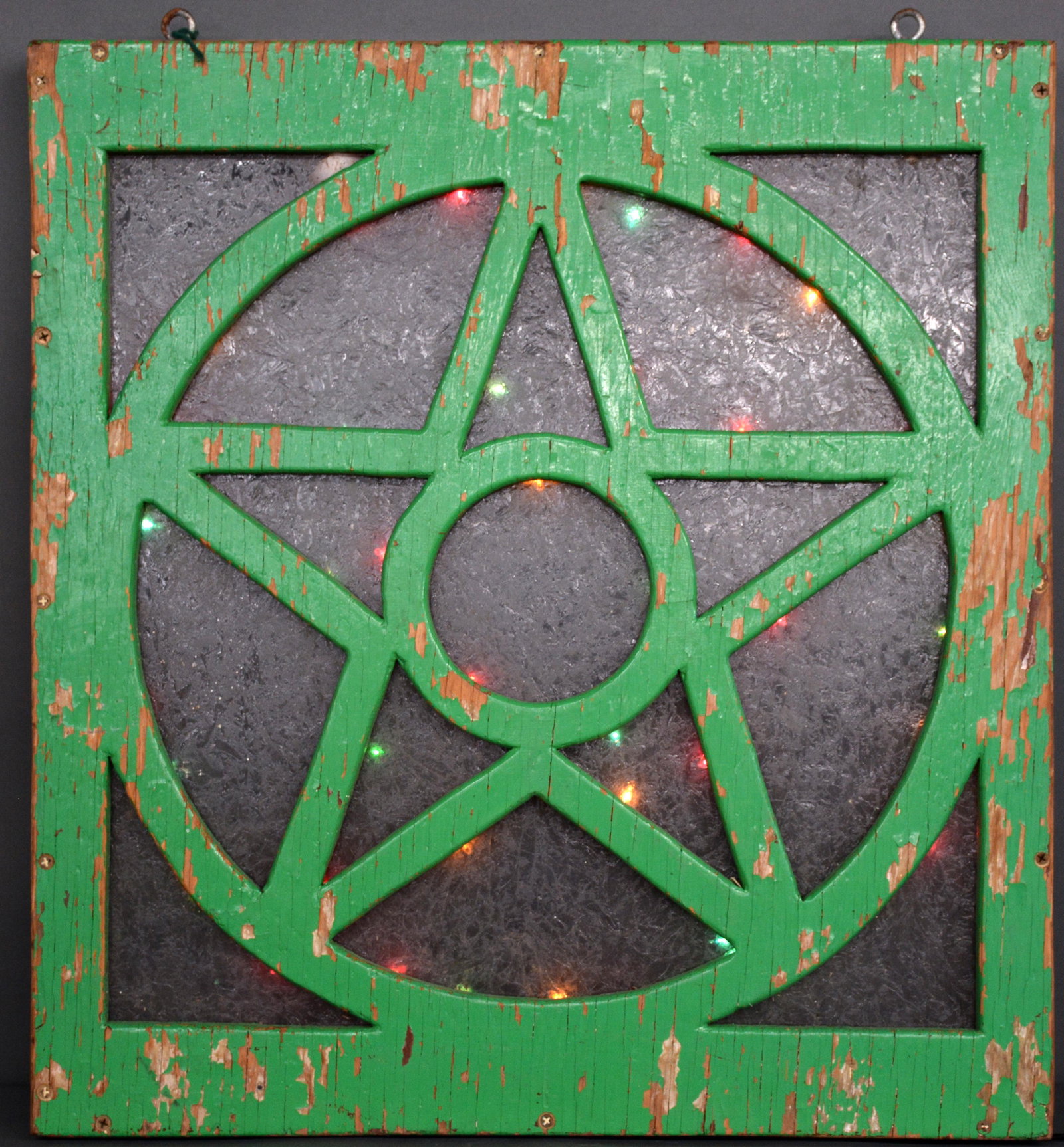 Early Star Light Box Frame.: Early Star Light Box Frame. Not signed. Cut out wooden star in box frame with frosted glass and backed with Christmas lights. Expected environmental wear. Good working condition. 28" x 30" x 2.5". Est