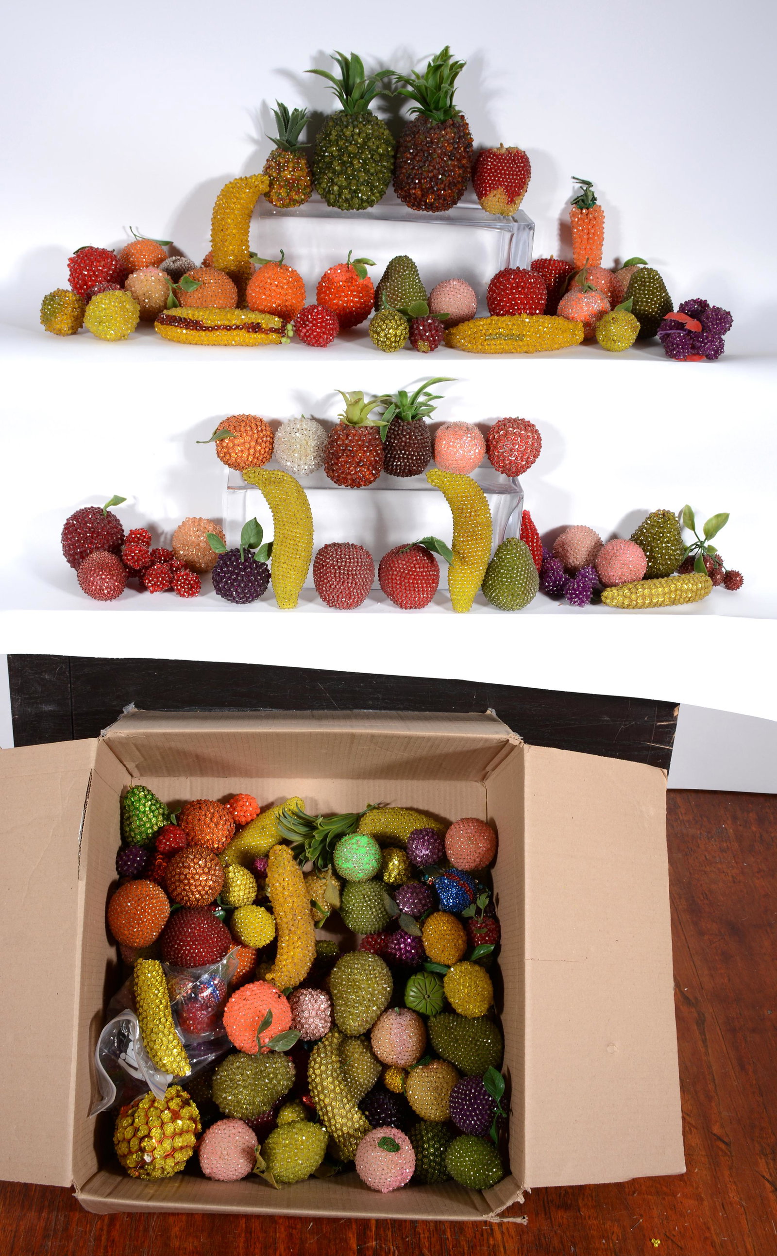 Cornucopia of Sequins & Beaded Fruit.: Cornucopia of Sequins & Beaded Fruit. Carved wood, beads, sequins and other mixed media. All good to great condition. Average size is 4" x 4". Est. $200-400. Ship: $65