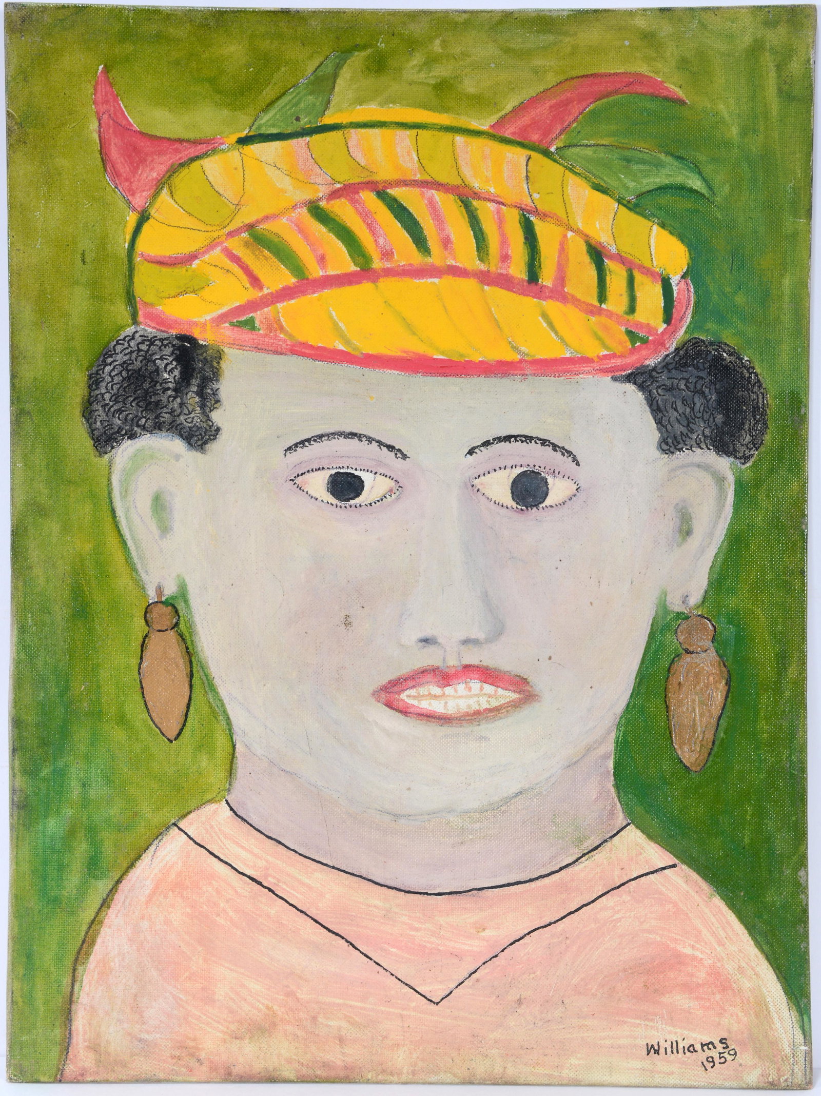 Alfredus Williams. Portrait Of A Woman.: Alfredus Williams. Portrait Of A Woman With A Yellow Hat. 1959. Signed and dated. Oil on canvas panel. Excellent condition. 12" x 16". Provenance: The Melvin Holmes Collection of African American Art.