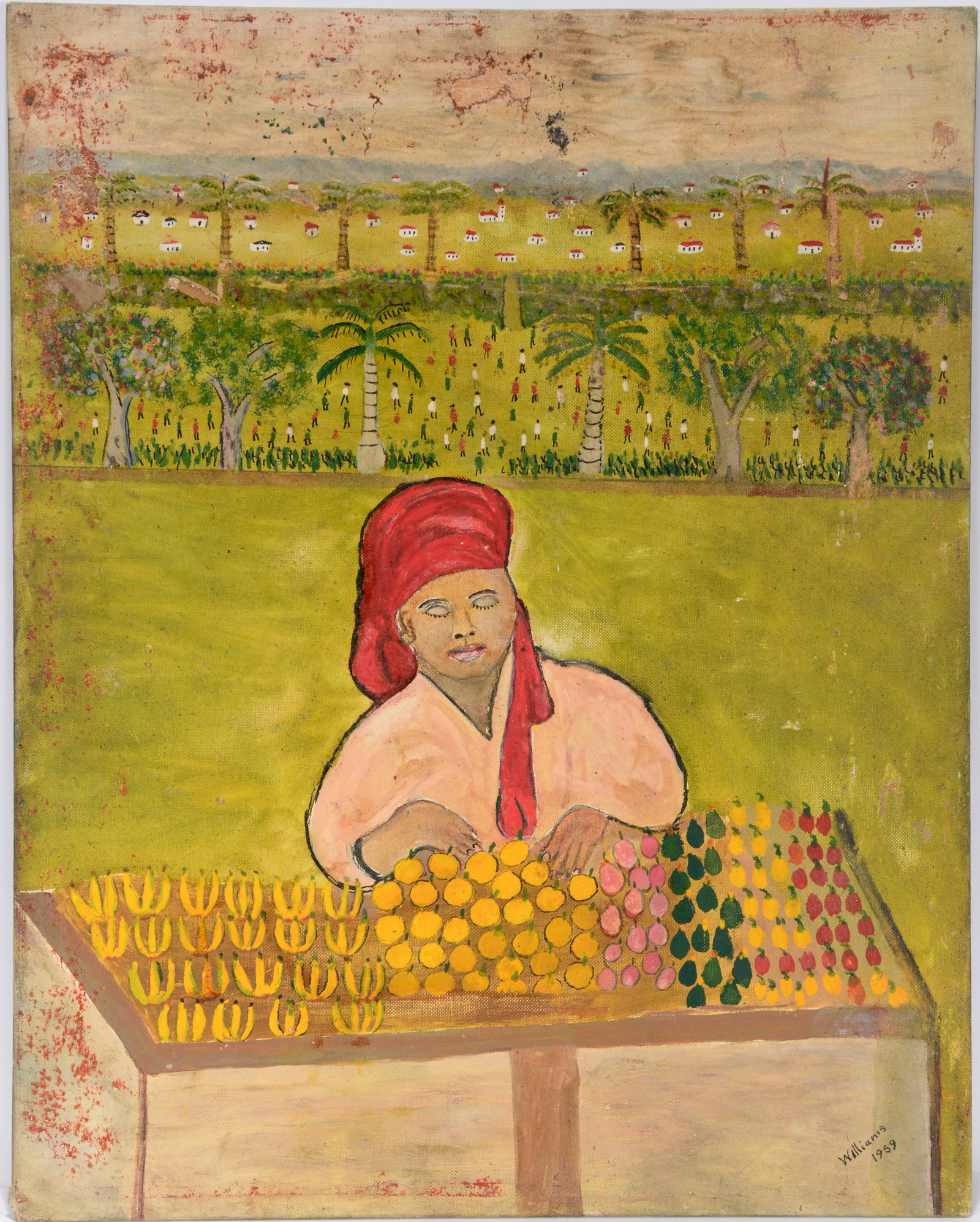 Alfredus Williams. Lady At The Fruit Stand.: Alfredus Williams. Lady At The Fruit Stand. 1959. Signed and dated. Oil on canvas panel. Wear and grime, otherwise fair condition. 16" w x 20" h. Provenance: The Melvin Holmes Collection of African Am