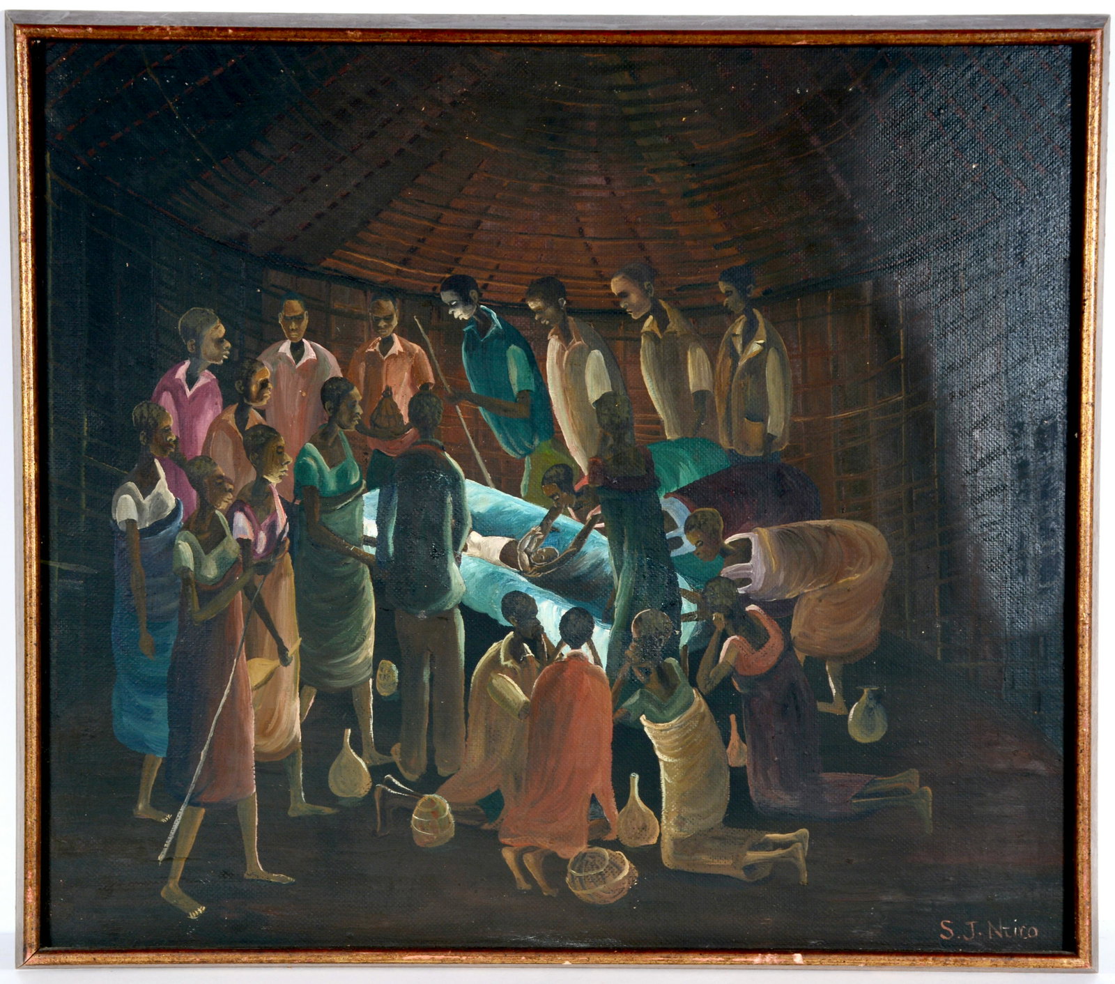 Sam Ntiro. Gift of Nativity.: Sam Ntiro. Gift of Nativity. 1963. Signed, dated and titled on verso. Oil on Masonite. Possible inpainting on middle right on varnish, it is highly reflective. There are a few small missing paint dots