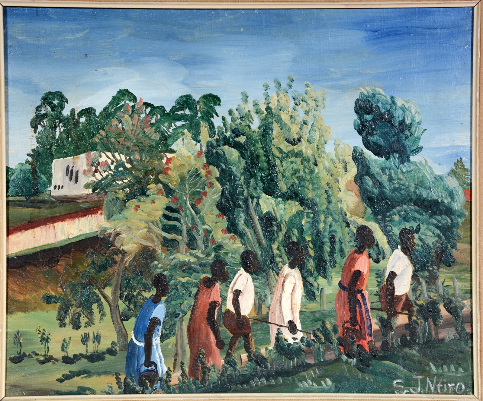Sam Ntiro. Going To Kampala.: Sam Ntiro. Going To Kampala. c. 1963. Signed. Oil on canvas. This piece is in good condition. It has a few stray scuff marks to the paint at the edges - most noticeably to the upper sky sections of mi