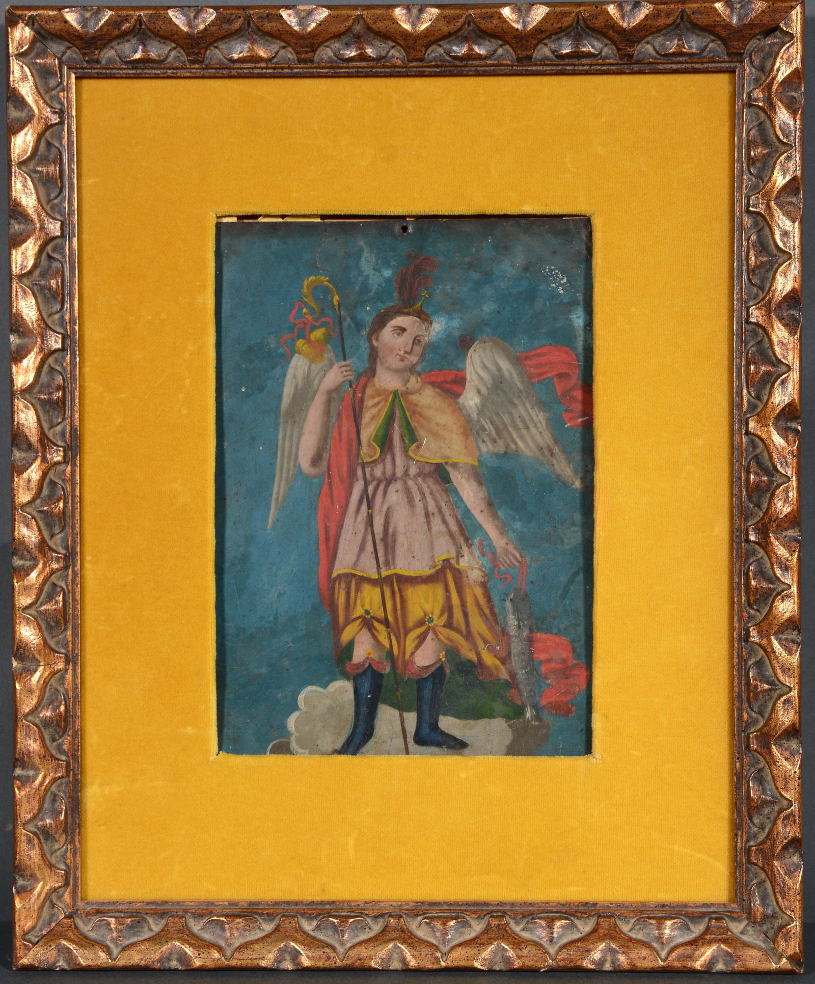 Mexican Retablo. Angel With Fish.: Mexican Retablo. Angel With Fish. Not signed or dated. Paint on tin. Minor wear, otherwise good condition for age. Image is 7" w x 10" h. Frame is 13" w x 16" h. Est. $300-500. Ship: $35