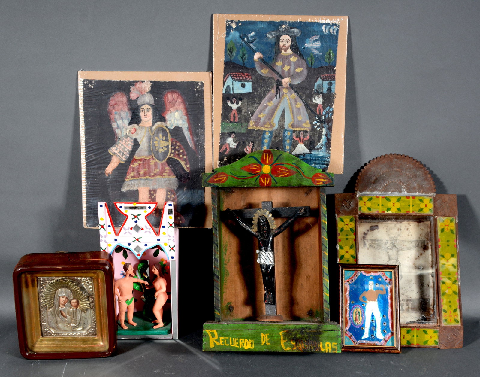 Box Lot of Mexican Saints & Retablos.: Box Lot of Mexican Saints & Retablos. Not signed. Mixed media. All in good to fair condition. Largest is 16" h x 10" x 6". Est. $100-200. Ship: $100