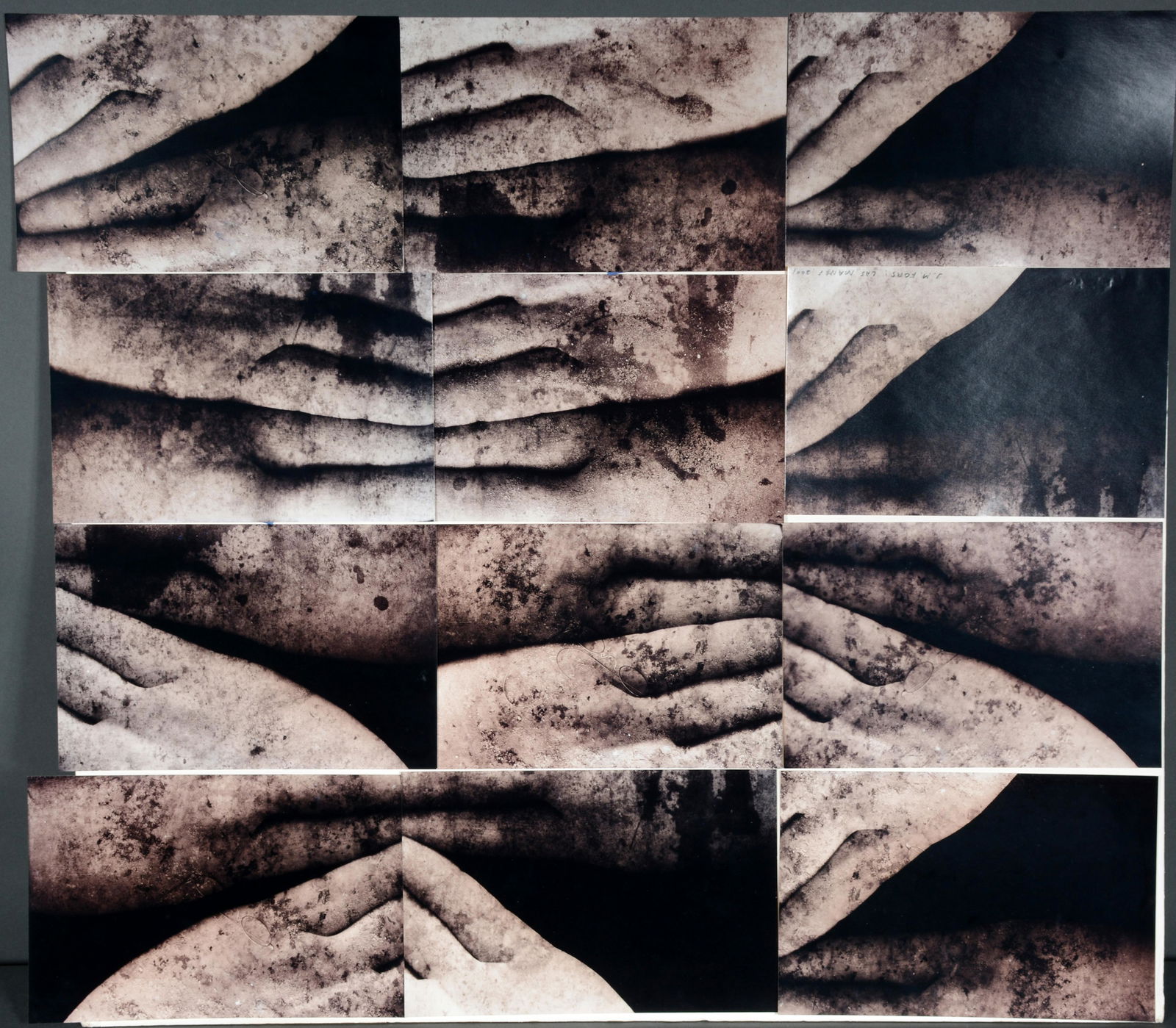 Jose Manuel Fors. 12 Photo Series Collage.: Jose Manuel Fors (b. 1956 Havana, Cuba). 12 Photo Series Collage. 2001. One is signed and dated. Each is 10" x 6.5". Total collage is 28" x 26".These photos are taped to a foam board for display using