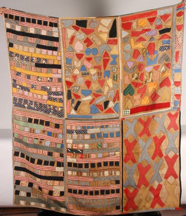 African Am. Quilt. Burlap Blanket.: Geometric Pattern . Cotton linen fabric over decorated cotton seed mill burlap bags. Found in Yopp County, NC. c. 1920's. 64" x 71". Excellent condtion. Provenance: The Lynne Ingram Collection. Est. $