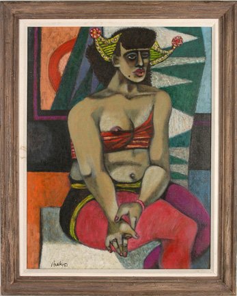 Robert Brady. Woman In A Costume.: Robert Brady (1928-1986, Iowa). Major Discovery! Robert Brady paintings hidden away for 60 years, found in Iowa art vault. Oil on canvas. Signed and dated, 1951. Exhibited at The Des-Moines Art Center