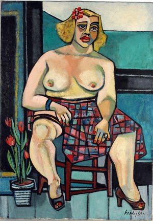Robert Brady. Woman In Plaid Skirt.: Robert Brady (1928-1986, Iowa). Major Discovery! Robert Brady paintings hidden away for 60 years, found in Iowa art vault. Oil on canvas. Signed and dated, 1950. Not framed, but canvas is stretched. I