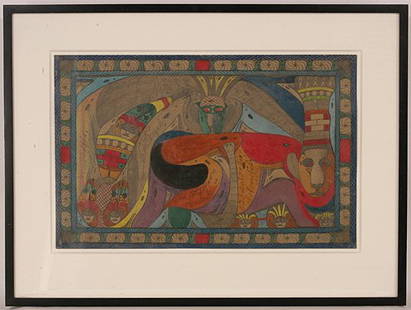 Adolf Wolfli. The Lion and the Masked Man.: Graphite, pastel, and colored pencil on paper. Signed. Strong central lion figure surrounded by many masked men. Intricate border design with rope and gristmill design frames piece. Wild array of text