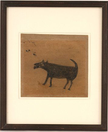 Bill Traylor. Black Dog.: c. 1939-42. Posterpaint on cardboard. 8.5" w x 8"h. Frame is 14" w x 16.5" h. Matted to display entire piece. Excellent condition. Provenance: Janet Fleisher Gallery, Philadelphia, PA. Exhibited at th