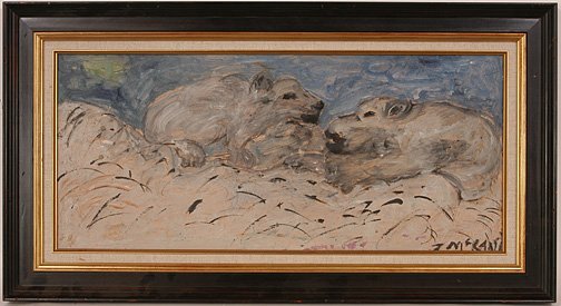 Justin McCarthy. Polar Bears.: Oil on board. Image is 24" x 11.5"h. Frame is 30" w x 16.5"h. Excellent condition. Est. $2,000-4,000. Ship: $40