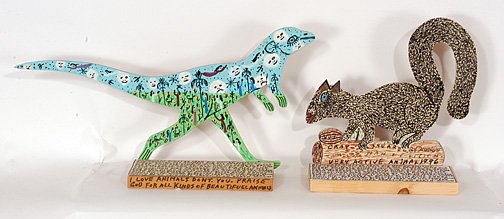 Howard Finster. Dinosaur & Squirrel.: Dinosaur, #13,282 & Squirrel, #38,908. Paint on wood cutout with xerox text. 10/89. 18.5 x 9.5" x 3.5". Excellent condition. Est. $300-500. Ship: $35