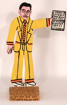 Howard Finster. Self-Portrait Cutout w Bible: #8,060. July 16, 1988. 8" x 13" x 3.5". Excellent condition. Est. $300-400. Ship: $25