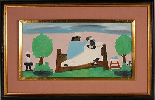 Clementine Hunter. Treater Making Sick Well.: Oil on board. c. 1960's. 24" w x 12" h. Frame is 34" w x 21.5" h. Signed. 5" scratch in paint across front. Some green paint chipped in grass area. Provenance: The Lynne Ingram Collection. This piece 