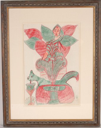 Nellie Mae Rowe. Floral Man w Drinking Cat.: Crayon and colored pencil on paper. 12" w x 17.5"h . Frame is 21" w x 27" h. Excellent condition. Est. $1,000-2,000. Ship: $65