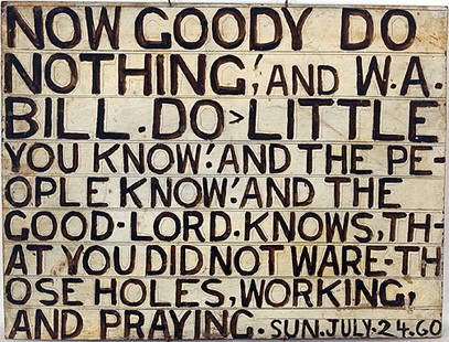 Jesse Howard. Goody Do Nothing.: Jesse Howard (1885-1983). Paint on masonite. Dated, July 1960. 15.5" w x 12" h. Excellent condition. Est. $800-1,200. Ship: $25