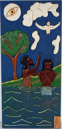 Leroy Almon. John The Baptist & Jesus.: Leroy Almon (1938-1997). Paint on bas-relief carved wood panel. Signed and dated, 1991 on back and initialed on front. 11" x 24" h. Excellent condition. Provenance: The Lynne Ingram Collection. Est. $