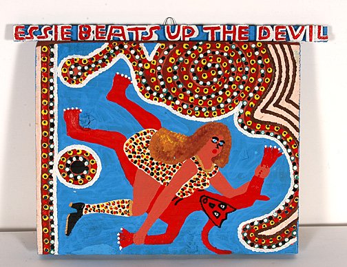 James Harold Jennings. Essie Beats Up Devil.: Paint on wood. Signed on back, 1993. 16.5" x 12" x 1.5". Excellent condition. Provenance: The Lynne Ingram Collection. Est. $800-1,200. Ship: $35