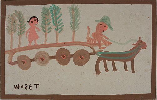 Mose Tolliver. Jim & Sally Pulling Xmas Tree.: Latex on masonite. Signed. 20.5" w x 13" h. Some fading. Note by daughter, Annie, dates this piece at 1972. Very early. Provenance: The Lynne Ingram Collection. Est. $1,000-2,000. Ship: $30