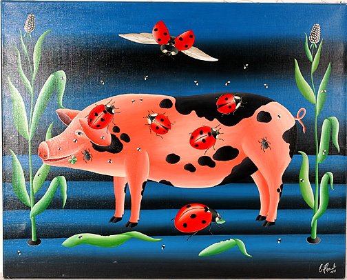 Erich Staub. Large Pink Pig w Lady Bugs.: Oil on canvas. Signed and dated, 1971. 39.5"w x 31.5" h. Est. $2,000-3,000. Ship: $65
