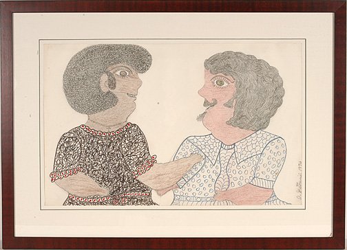 Inez Walker. Couple Talking.: Inez Walker (1911-1990). Graphite, colored pencil and marker on paper. Signed and dated, 1974 (very early). 23" w x 14.5"h. Frame is 31"w x 22"h. Excellent condition. Provenance: The Lynne Ingram Coll