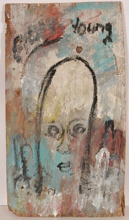 Purvis Young. Young Man's Face.: Purvis Young (b. 1943). Paint on wooden board. Signed. Very good condition. 18" w x 33"h. Est. $300-500. Ship: $45