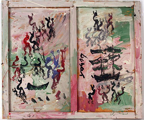 Purvis Young. Horses, Boats & People.: Paint on wood with artist's scrap wood frame. Signed. 37" w x 31" h. Several nails protruding through piece. Est. $400-600. Ship: $65.