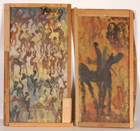 Purvis Young. Pair of Horse Paintings.: Paint on wooden boards with artist's scrap wood frames. Signed. Larger piece is 15.5"w x 27.5"h. Smaller is 14" w x 26.5" h. Both are in in excellent condition. Est. $300-500. Ship: $50