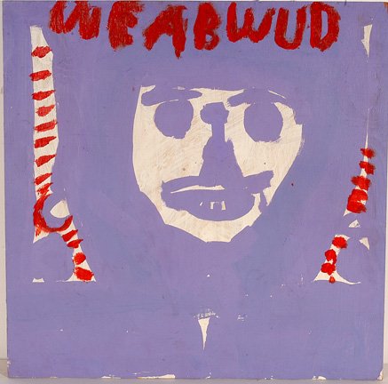 Mary T. Smith. Face w Red Script, "Weabwub.: Paint on wooden board. Signed on back. 24" x 24". Excellent condition. Provenance: The Lynne Ingram Collection. Est. $500-700. Ship: $35