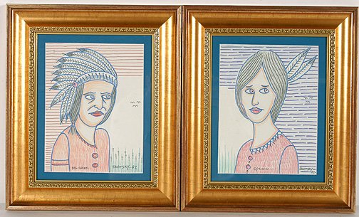 Jack Savitsky. Big Chief and Squaw.: Colored pencil on paper. Signed and dated, 1987. 11" w x 13"h each with frames. Excellent condition. Est. $500-800. Ship: $35