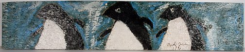 Clyde Jones. Three Giant Penguins.: Clyde Jones (b. 1938). Paint on wooden pressboard. Signed and dated, 1991. Excellent condition. 96" w x 19". This piece is much more beautiful in person. It was not photographed well. Provenance: The 