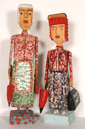 Carl McKenzie. Nanny & Avon Lady.: Carl McKenzie (1905-1998). Pair of carved and painted wooden working girls. Nanny is 18"h x 3.5" x 3.5" at the base. Both are in excellent condition. Provenance: The Lynne Ingram Collection. Est. $200
