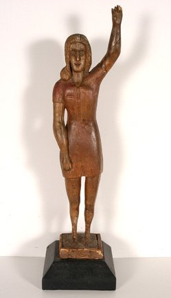 Clarence Stringfield. Waving Woman.: Clarence Stringfield (1903-1976). Carved wood. Missing fingers and repairs have been made to the legs. 27" x 7" x 7". Est. $300-500. Ship: $45