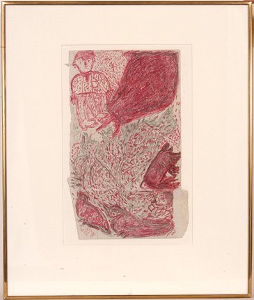 Ezekiel Gibbs. Farmer w His Pig & Animals.: Pencil and crayon on cardboard box interior. 9" w x 15"h. Frame is 20" w x 24"h. Est. $400-800. Ship: $35