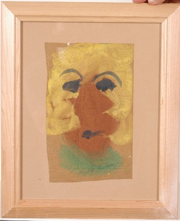Sybil Gibson. Woman w Blond Hair.: Paint on paper bag. Signed. 6.5" w x 10" h. Framed. Excellent condition. Est. $200-300. Ship: $35