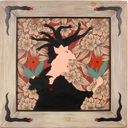 Jerry Farrell. She Was A Bitch.: Paint on wallpaper with artist decorated frame. Signed and dated, 1991. 36" w x 36" h including frame. Excellent condition. Est. $600-800. Ship: $100
