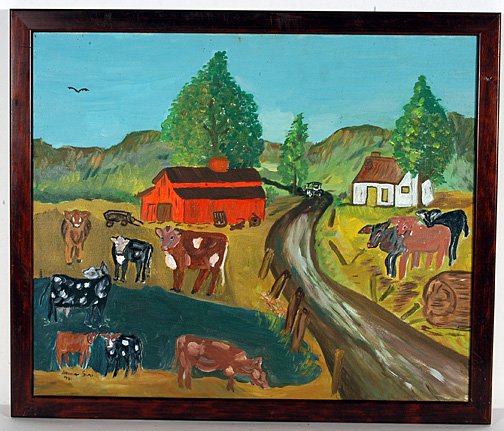 Bernice Sims. Old Farm.: Oil on canvas. Signed and dated 1986 on front and back. 26" w x 22"h including frame. Excellent condition. Early work. Provenance: The Lynne Ingram Collection. Est. $300-500. Ship: $35