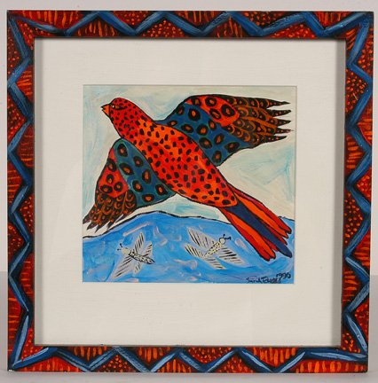 Sarah Rakes (b. 1955). Waterbug Meal.: Paint on paper with artist's painted wood frame. Signed and dated, 1996. 13.5"w x 13.5"h. Excellent condition. Est. $200-300. Ship: $25