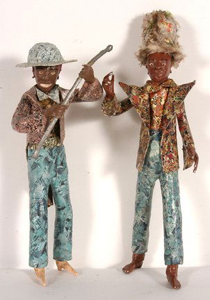 Patrick Davis. Pair of Carnival Goers.: Paint, paper, paper mache, glue construction. Both are initialed and dated, 1994 and 1995. Each is about 12"h. Excellent condition. Est. $300-500. Ship: $30