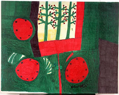 Willie White. 3 Watermelons & Three Cherry Trees.: Marker on posterboard. 28" w x 22"h. Signed. Excellent condition. Provenance: Barbara Louviere purchased from Downtown Gallery. Est. $300-500. Ship: $35