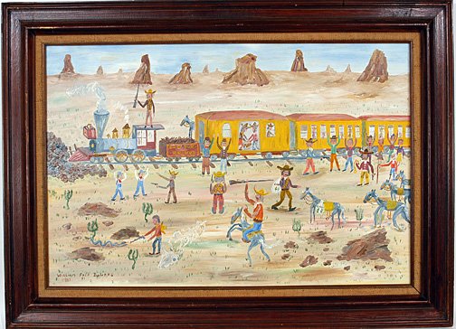 William Fred Bowers. Mexican Banditos Rob Train.: Oil on canvas. Signed and dated, 1987. 36" w x 24"h. Frame is 44"w x 32"h. Excellent condition. Est. $800-1,200. Ship: $75