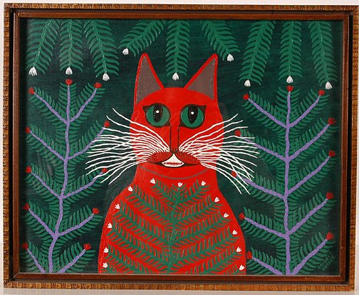Rodney Hardee. The Red Cat In Purple Brush.: Paint on artist board. Signed. 20" w x 17" h with frame. Excellent condition. Est. $200-300. Ship: $45