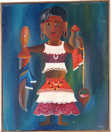 Gerard Paul. Woman with Large Knife.: Oil on canvas. 20.5" w x 24.5"h with thin frame. Est. $200-400. Ship: $35