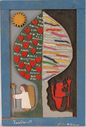 Tubby Brown. Heaven and Hell.: Tubby Brown. (1929-2003). Paint on cut wood. Signed. 17" x 26" h including artist's frame. Excellent condition. Est. $200-300. Ship: $40